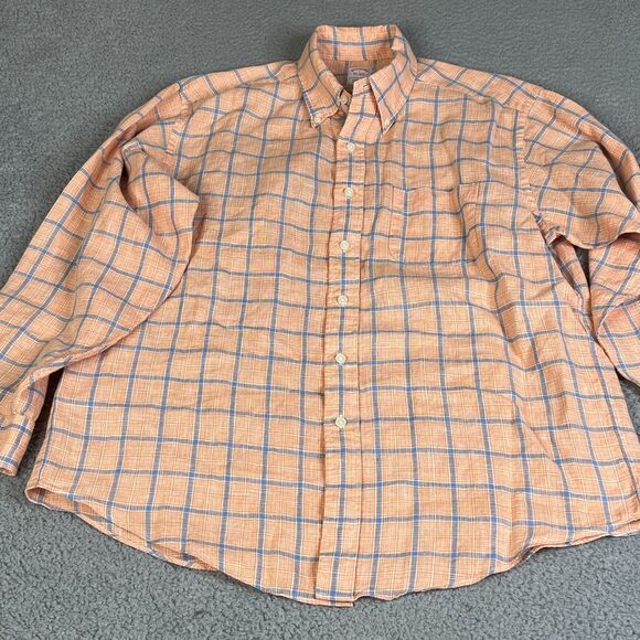 Brooks Brothers  Irish Linen Shirt Men L Blue Orange Plaid Button Long Sleeve - Picture 1 of 10
